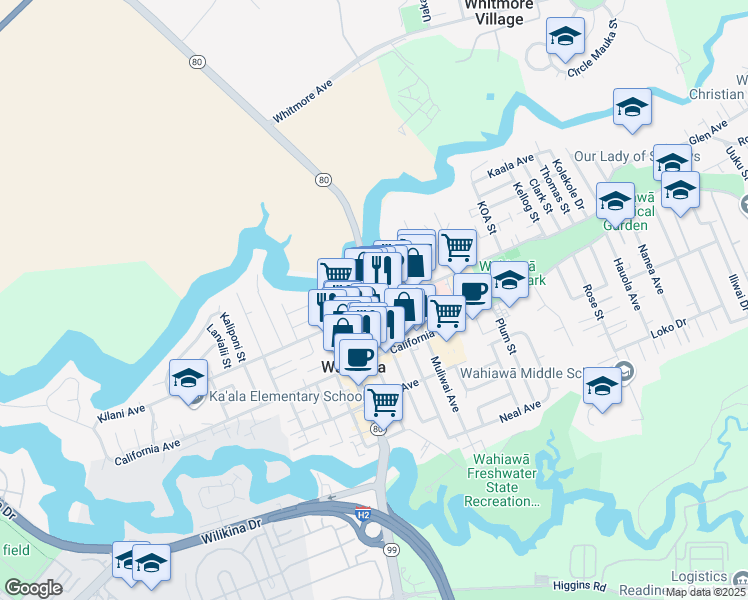 map of restaurants, bars, coffee shops, grocery stores, and more near 150 Kamehameha Highway in Wahiawa