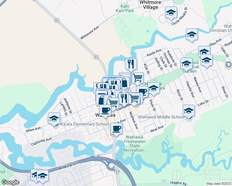 map of restaurants, bars, coffee shops, grocery stores, and more near 231c Lehua Street in Wahiawa