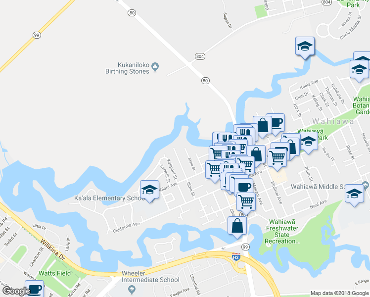 map of restaurants, bars, coffee shops, grocery stores, and more near 354 Mala Street in Wahiawa