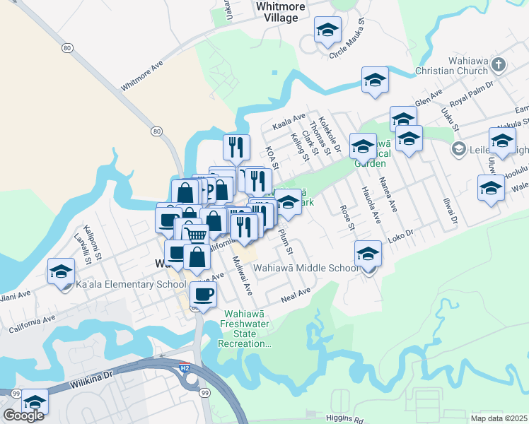 map of restaurants, bars, coffee shops, grocery stores, and more near 148 North Cane Street in Wahiawa