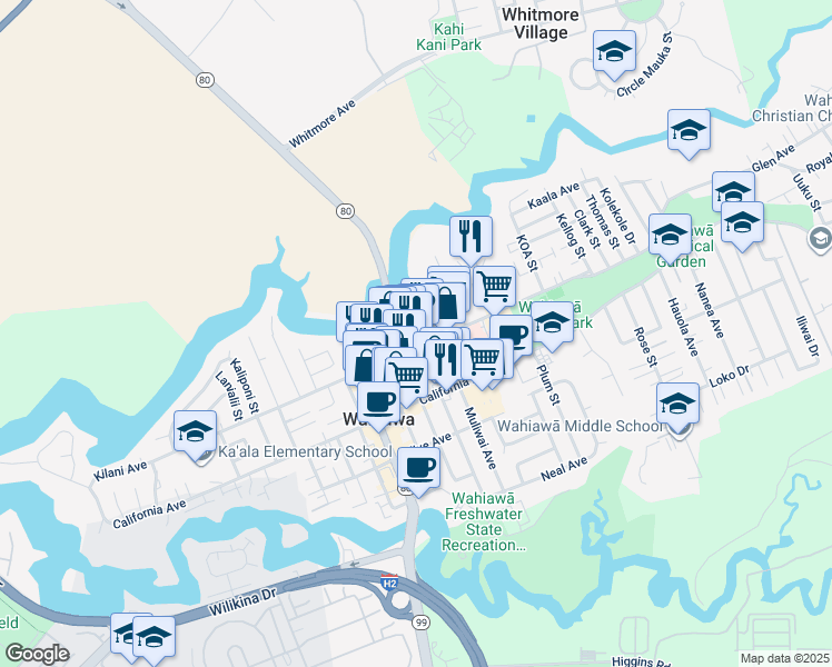map of restaurants, bars, coffee shops, grocery stores, and more near 231C Lehua Street in Wahiawa