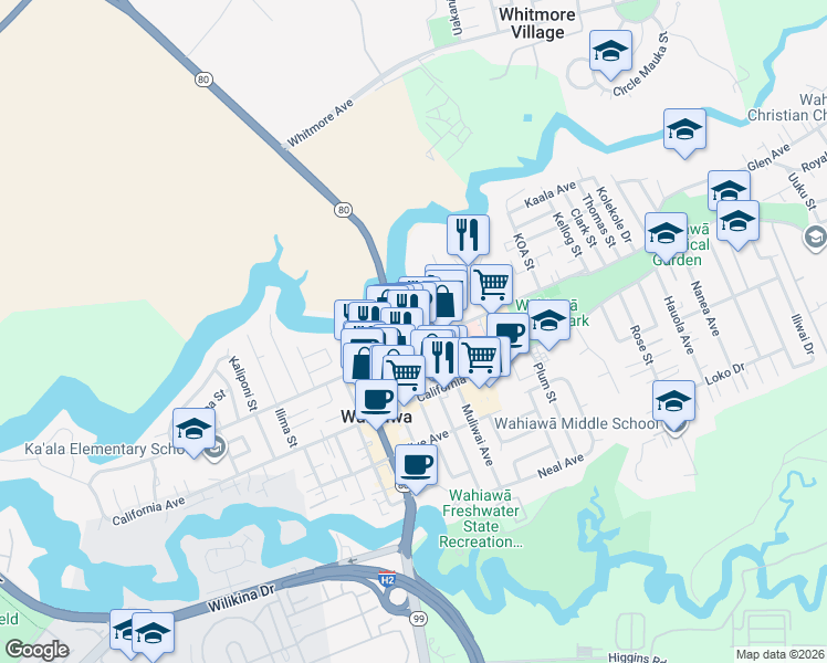 map of restaurants, bars, coffee shops, grocery stores, and more near 231c Lehua Street in Wahiawa