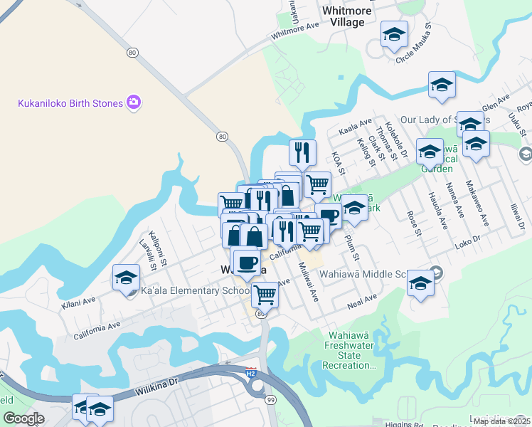 map of restaurants, bars, coffee shops, grocery stores, and more near 231c Lehua Street in Wahiawa