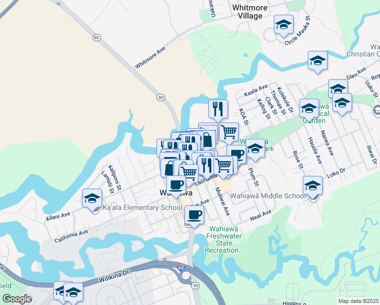 map of restaurants, bars, coffee shops, grocery stores, and more near 231c Lehua Street in Wahiawa