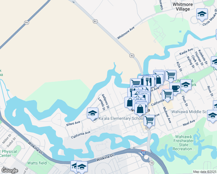 map of restaurants, bars, coffee shops, grocery stores, and more near 378 Mala Street in Wahiawa