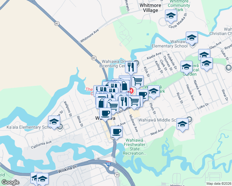 map of restaurants, bars, coffee shops, grocery stores, and more near 231c Lehua Street in Wahiawa