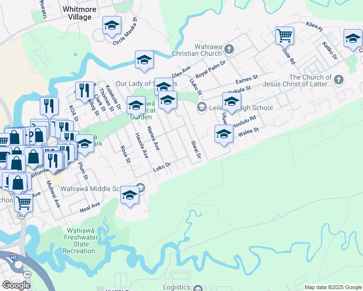 map of restaurants, bars, coffee shops, grocery stores, and more near 151 Iliwai Drive in Wahiawa