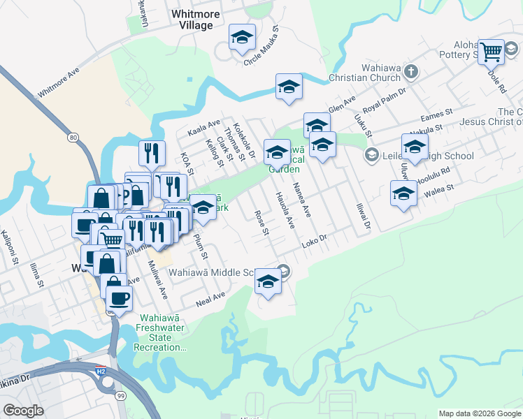 map of restaurants, bars, coffee shops, grocery stores, and more near 123 Circle Drive in Wahiawa