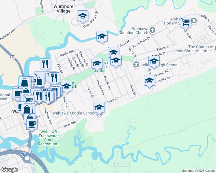 map of restaurants, bars, coffee shops, grocery stores, and more near 1305 Manua Street in Wahiawa