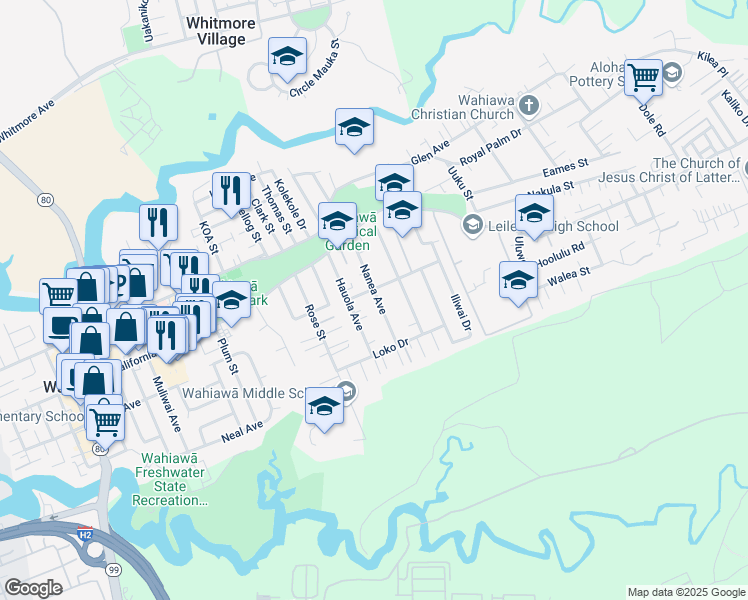 map of restaurants, bars, coffee shops, grocery stores, and more near 1305 Manua Street in Wahiawa