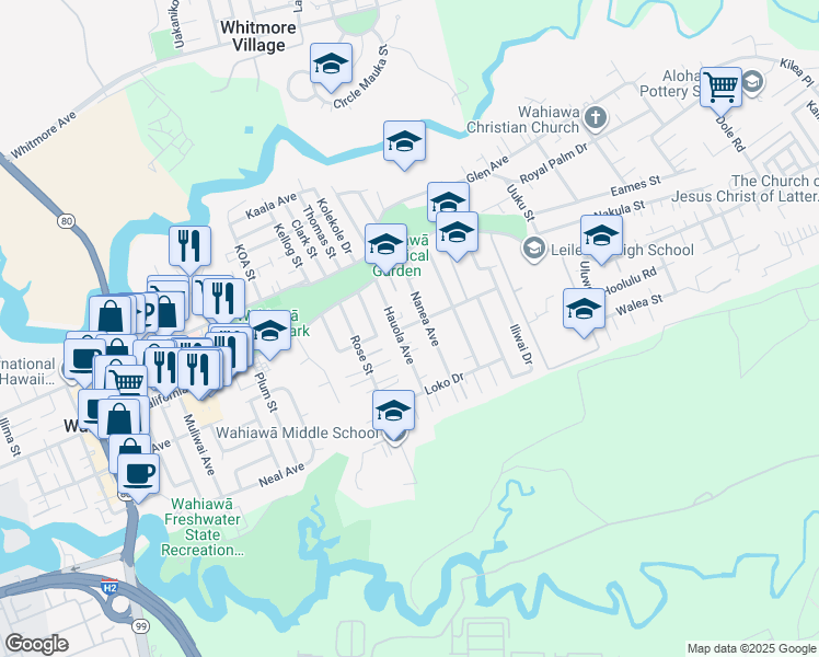 map of restaurants, bars, coffee shops, grocery stores, and more near 1305 Manua Street in Wahiawa