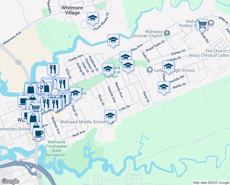 map of restaurants, bars, coffee shops, grocery stores, and more near 1305 Manua Street in Wahiawa