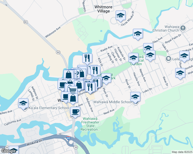 map of restaurants, bars, coffee shops, grocery stores, and more near 148 North Cane Street in Wahiawa