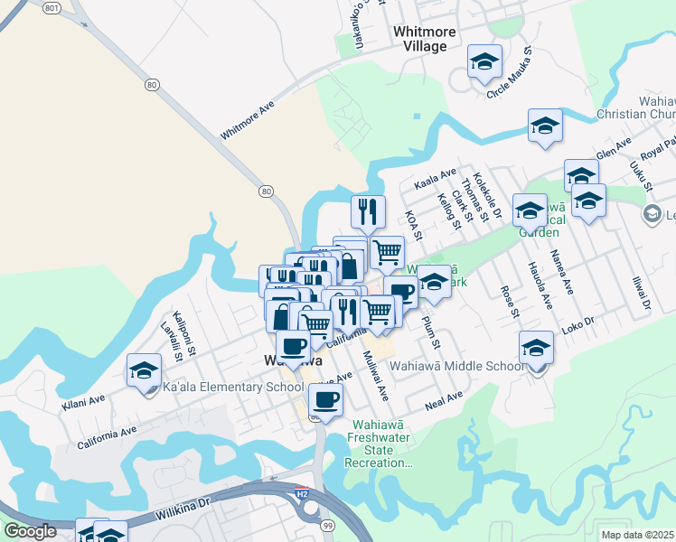 map of restaurants, bars, coffee shops, grocery stores, and more near 264 Lehua Street in Wahiawa