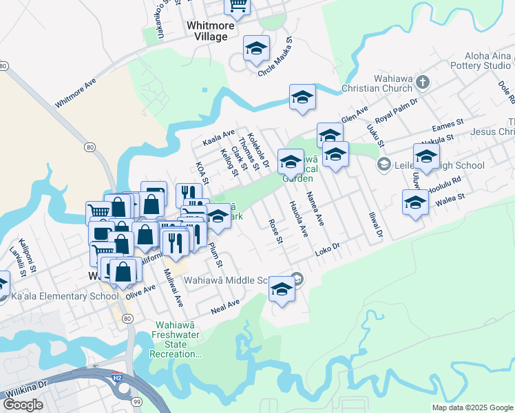 map of restaurants, bars, coffee shops, grocery stores, and more near 12 Circle Drive in Wahiawa