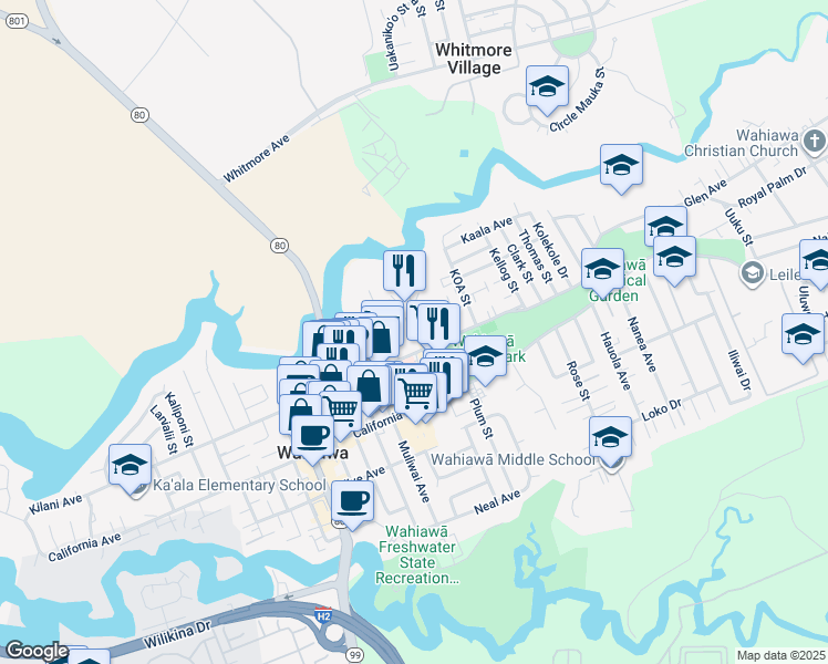 map of restaurants, bars, coffee shops, grocery stores, and more near 929 Palm Place in Wahiawā