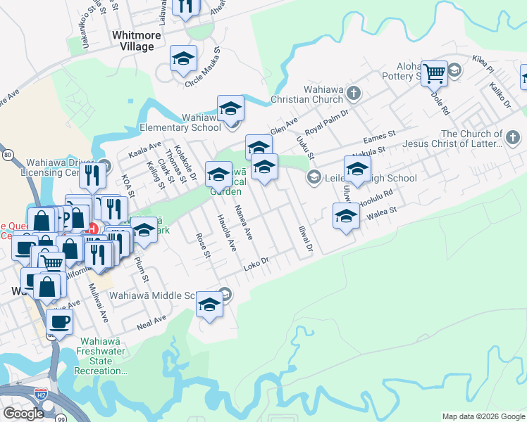 map of restaurants, bars, coffee shops, grocery stores, and more near 64 Makaweo Avenue in Wahiawa