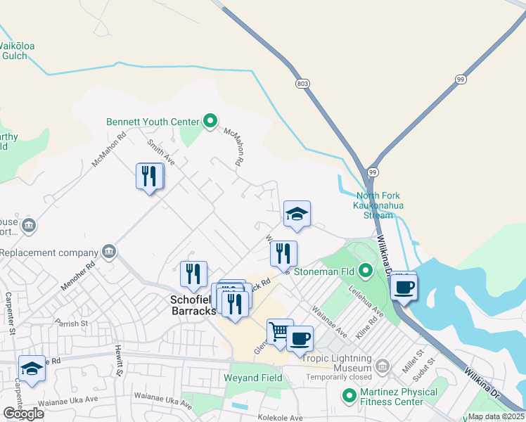 map of restaurants, bars, coffee shops, grocery stores, and more near McMahon Road in Wahiawa