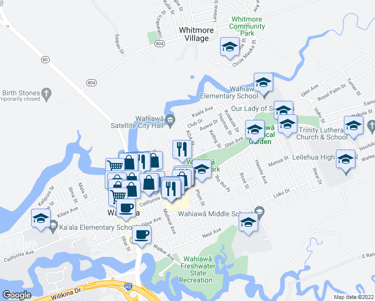 map of restaurants, bars, coffee shops, grocery stores, and more near 1060 Kilani Avenue in Wahiawā