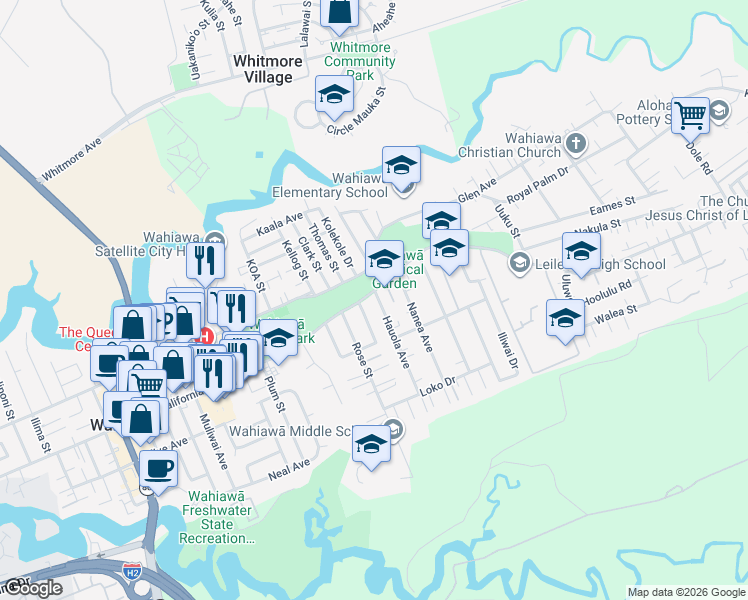 map of restaurants, bars, coffee shops, grocery stores, and more near 1281 California Avenue in Wahiawa