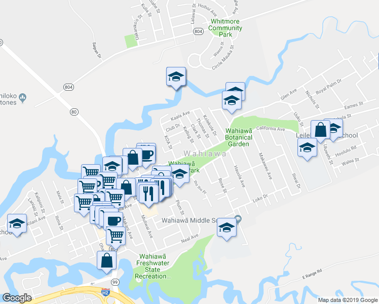 map of restaurants, bars, coffee shops, grocery stores, and more near 150 Kilani Avenue in Wahiawa