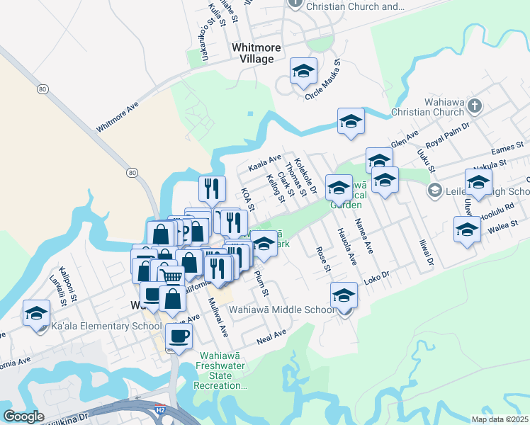 map of restaurants, bars, coffee shops, grocery stores, and more near 221 Koa Street in Wahiawa