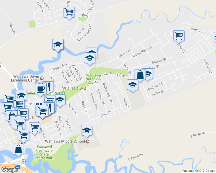 map of restaurants, bars, coffee shops, grocery stores, and more near 64 Makaweo Avenue in Wahiawa