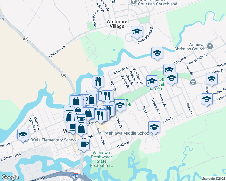map of restaurants, bars, coffee shops, grocery stores, and more near 221 Koa Street in Wahiawa