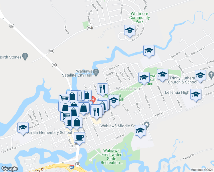map of restaurants, bars, coffee shops, grocery stores, and more near 221 Koa Street in Wahiawa