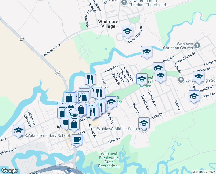 map of restaurants, bars, coffee shops, grocery stores, and more near 221 Koa Street in Wahiawa