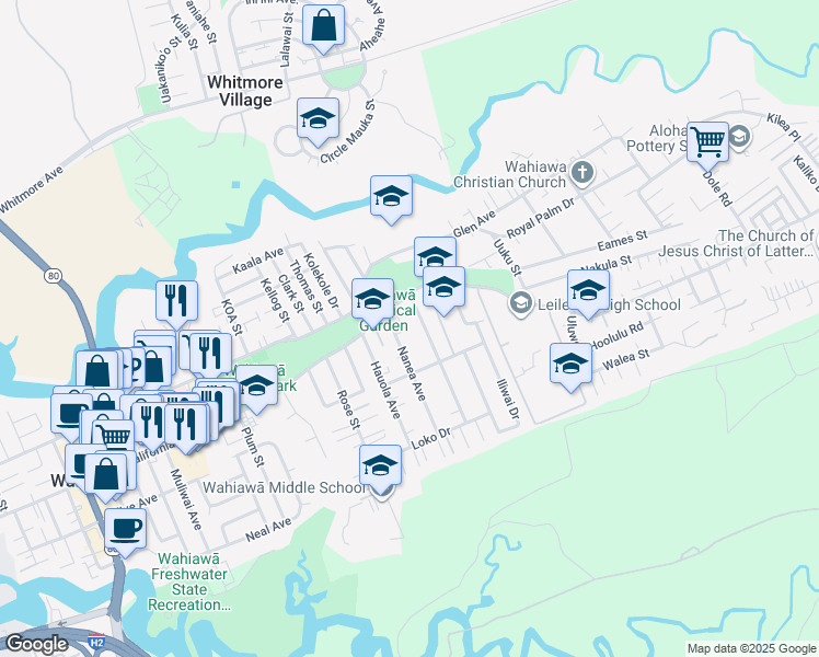 map of restaurants, bars, coffee shops, grocery stores, and more near 45 Nanea Avenue in Wahiawa