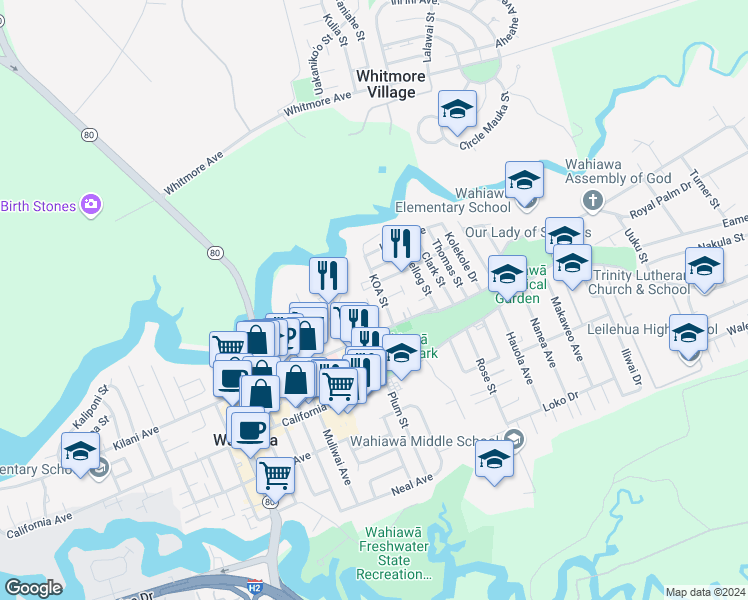 map of restaurants, bars, coffee shops, grocery stores, and more near 243 Koa Street in Wahiawa