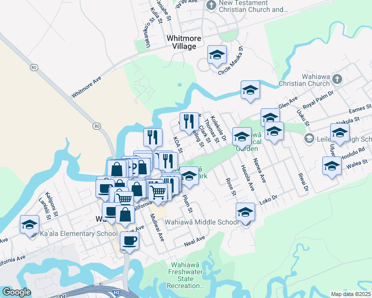 map of restaurants, bars, coffee shops, grocery stores, and more near 221 Koa Street in Wahiawa