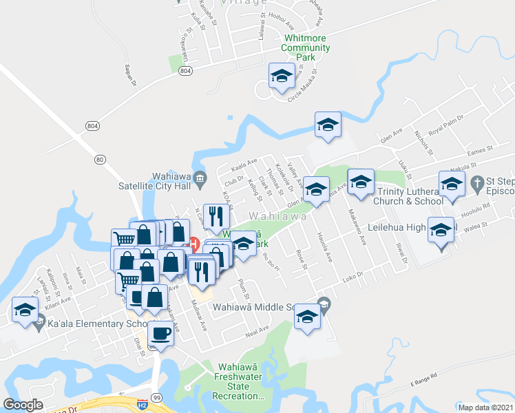 map of restaurants, bars, coffee shops, grocery stores, and more near 150 Kilani Avenue in Wahiawa