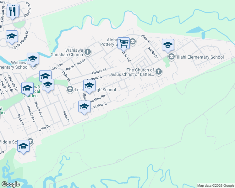map of restaurants, bars, coffee shops, grocery stores, and more near 1781 Koikoi Street in Wahiawa