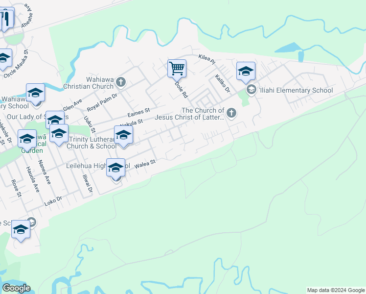 map of restaurants, bars, coffee shops, grocery stores, and more near 57 Kalie Street in Wahiawa