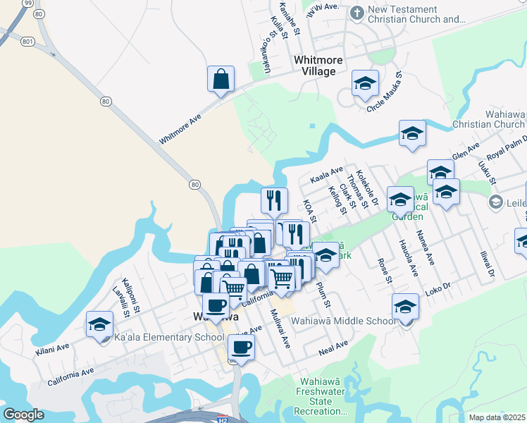 map of restaurants, bars, coffee shops, grocery stores, and more near 322A Palm Street in Wahiawa
