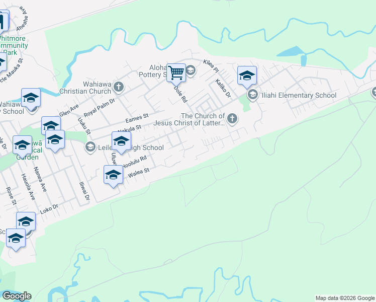 map of restaurants, bars, coffee shops, grocery stores, and more near 1817 Kalie Place in Wahiawa