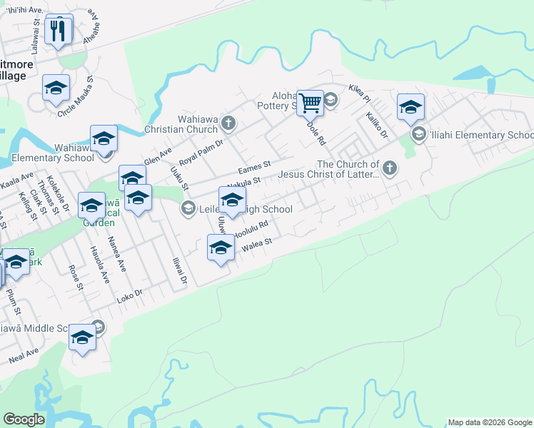 map of restaurants, bars, coffee shops, grocery stores, and more near 1676 California Avenue in Wahiawa