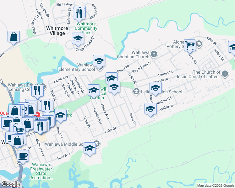 map of restaurants, bars, coffee shops, grocery stores, and more near 1403 California Avenue in Wahiawa