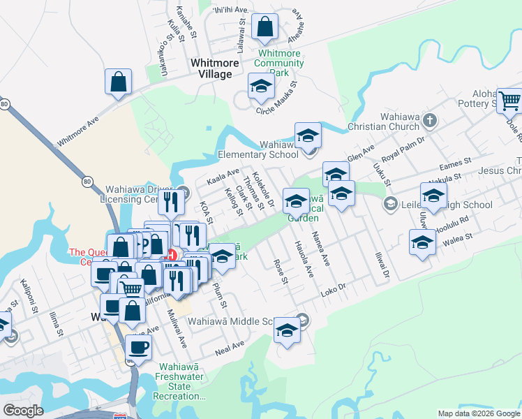 map of restaurants, bars, coffee shops, grocery stores, and more near 232 Thomas Street in Wahiawa