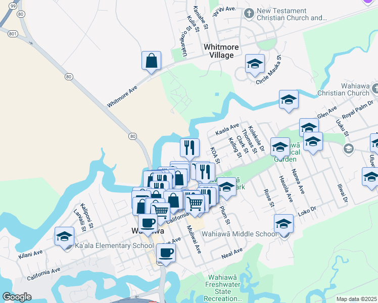 map of restaurants, bars, coffee shops, grocery stores, and more near 322A Palm Street in Wahiawa