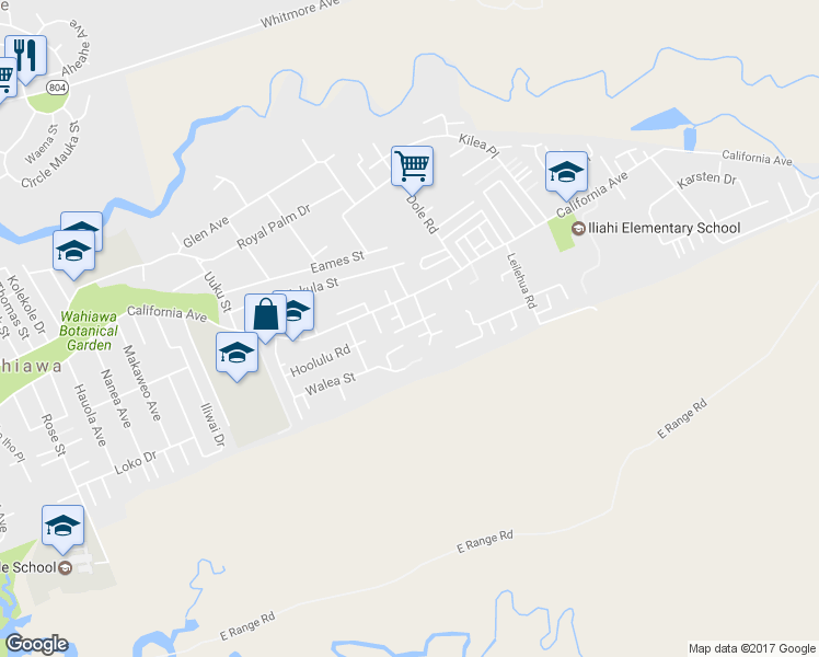 map of restaurants, bars, coffee shops, grocery stores, and more near 1781 Koikoi Street in Wahiawa