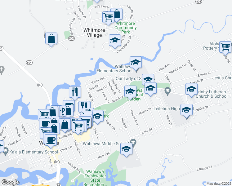 map of restaurants, bars, coffee shops, grocery stores, and more near 226 Thomas Street in Wahiawa