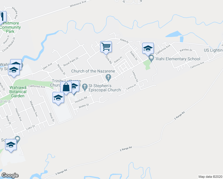 map of restaurants, bars, coffee shops, grocery stores, and more near 44 Kalie Street in Wahiawā