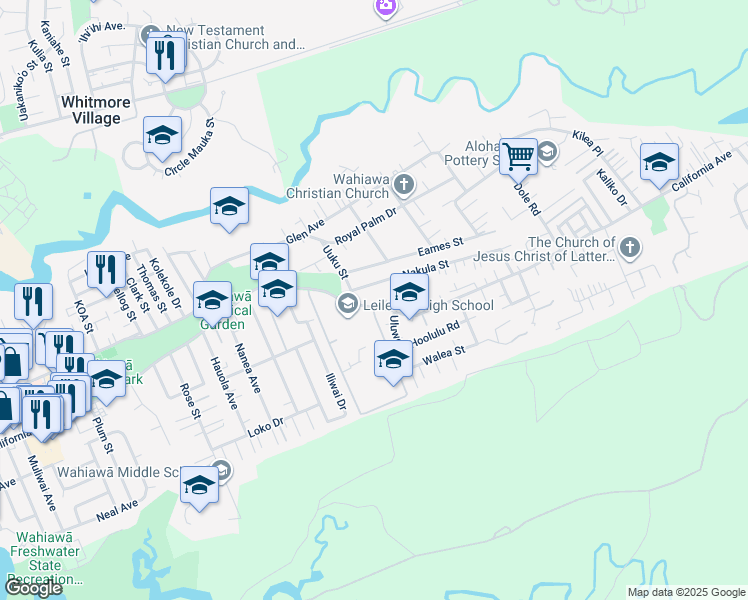 map of restaurants, bars, coffee shops, grocery stores, and more near 1576 California Avenue in Wahiawa