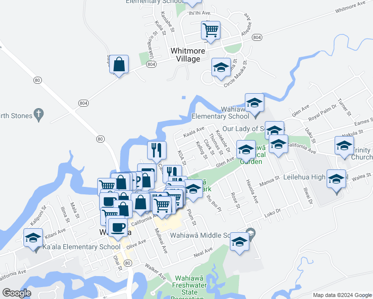 map of restaurants, bars, coffee shops, grocery stores, and more near 1114 Auwai Drive in Wahiawā