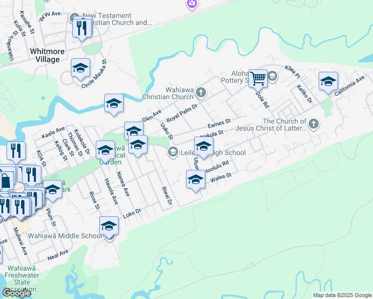 map of restaurants, bars, coffee shops, grocery stores, and more near 1576 California Avenue in Wahiawa
