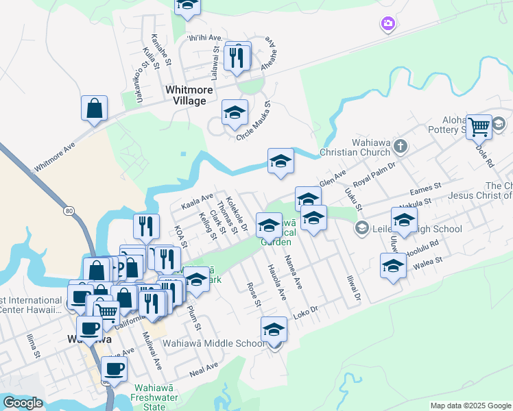 map of restaurants, bars, coffee shops, grocery stores, and more near 224 Crest Avenue in Wahiawa