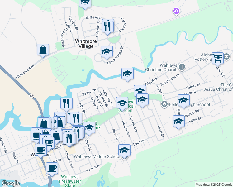 map of restaurants, bars, coffee shops, grocery stores, and more near 224 Crest Avenue in Wahiawa